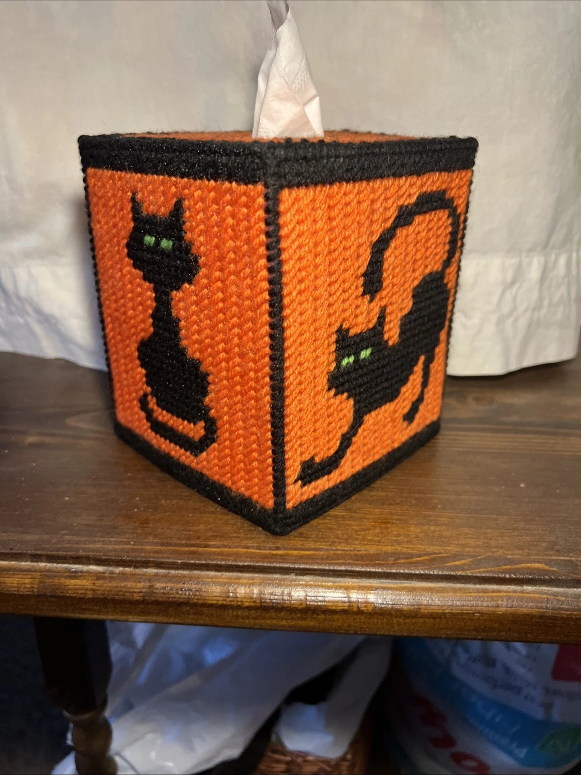Handmade Needlepoint Halloween Black Cat Boutique Tissue Box Cover New | eBay