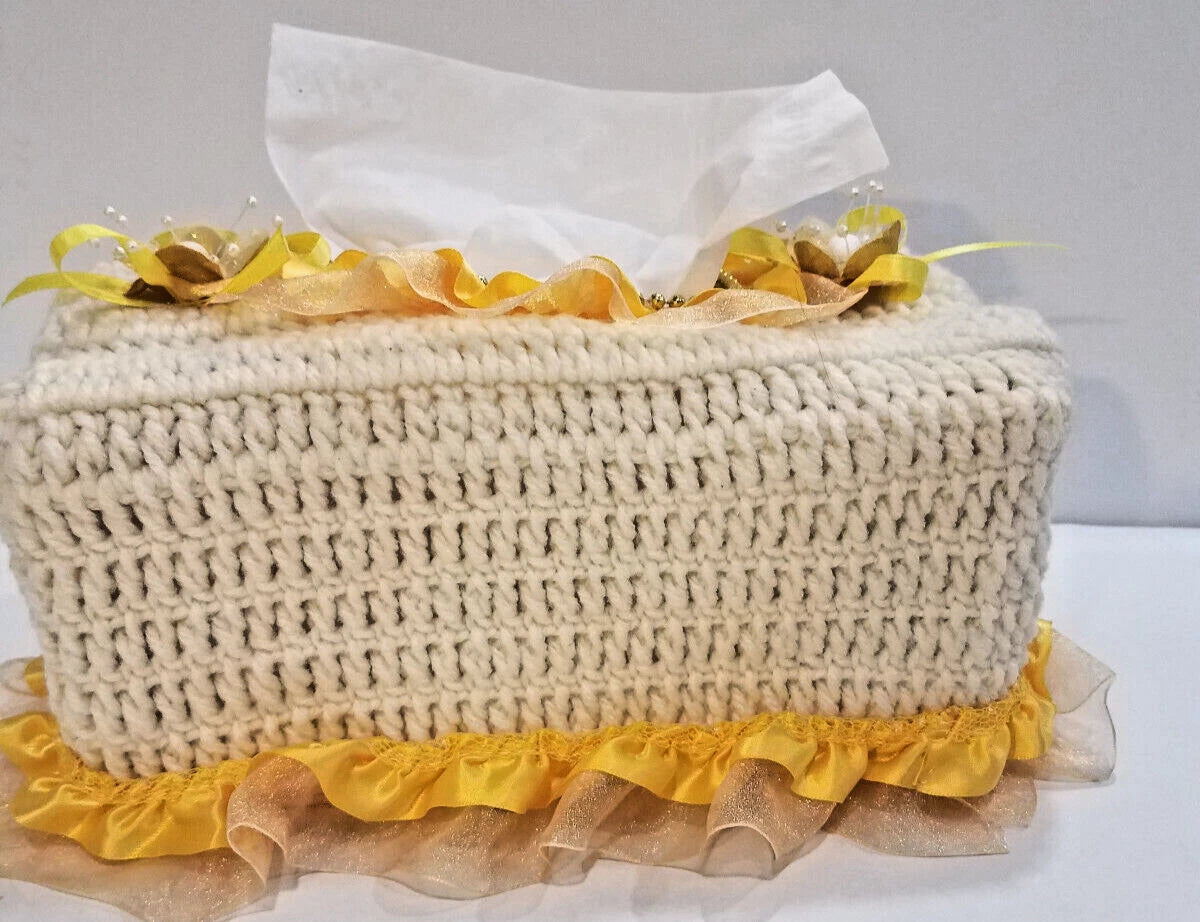 Rectangular Tissue Box Cover Cream & Yellow Crochet with Ribbons Lace & Beads | eBay