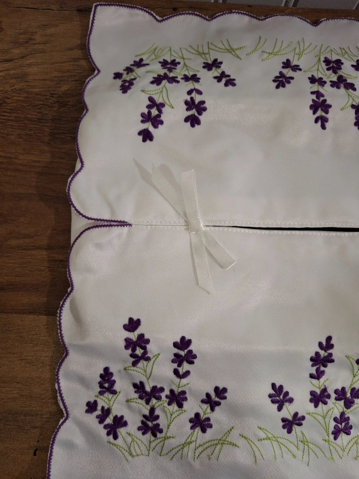 Vintage Handmade Tissue Box Cover Embroidered Purple Flowers White Satin Granny | eBay
