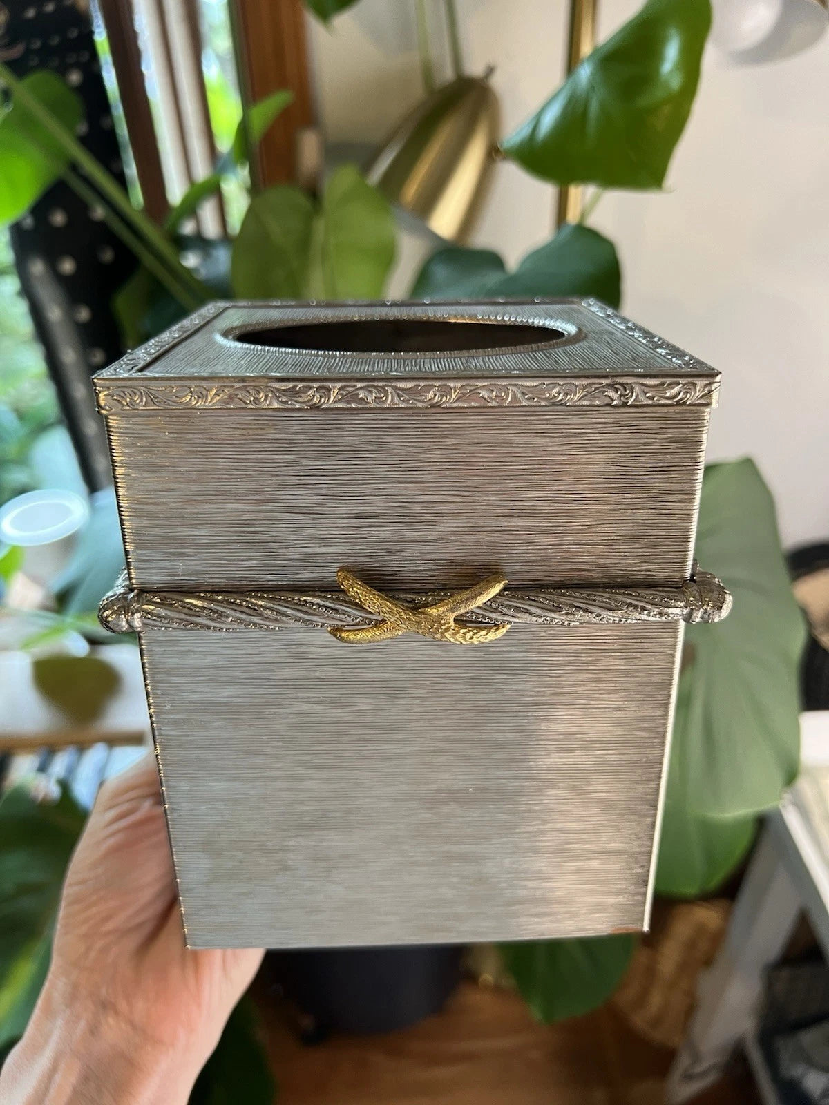 Vintage Silver Tone Tissue Box Cover Ornate Scroll & Rope Bow Mixed Metal | eBay