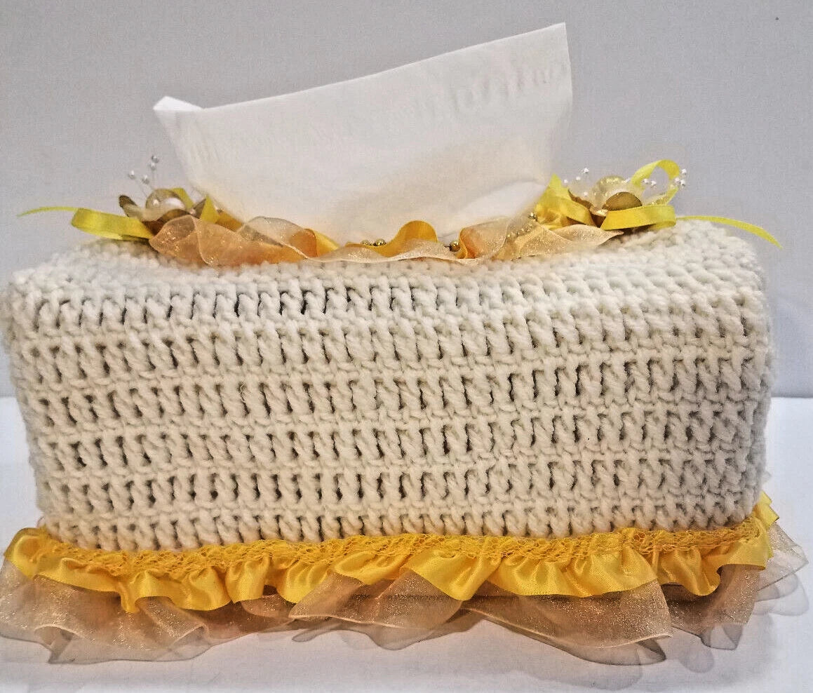 Rectangular Tissue Box Cover Cream & Yellow Crochet with Ribbons Lace & Beads | eBay