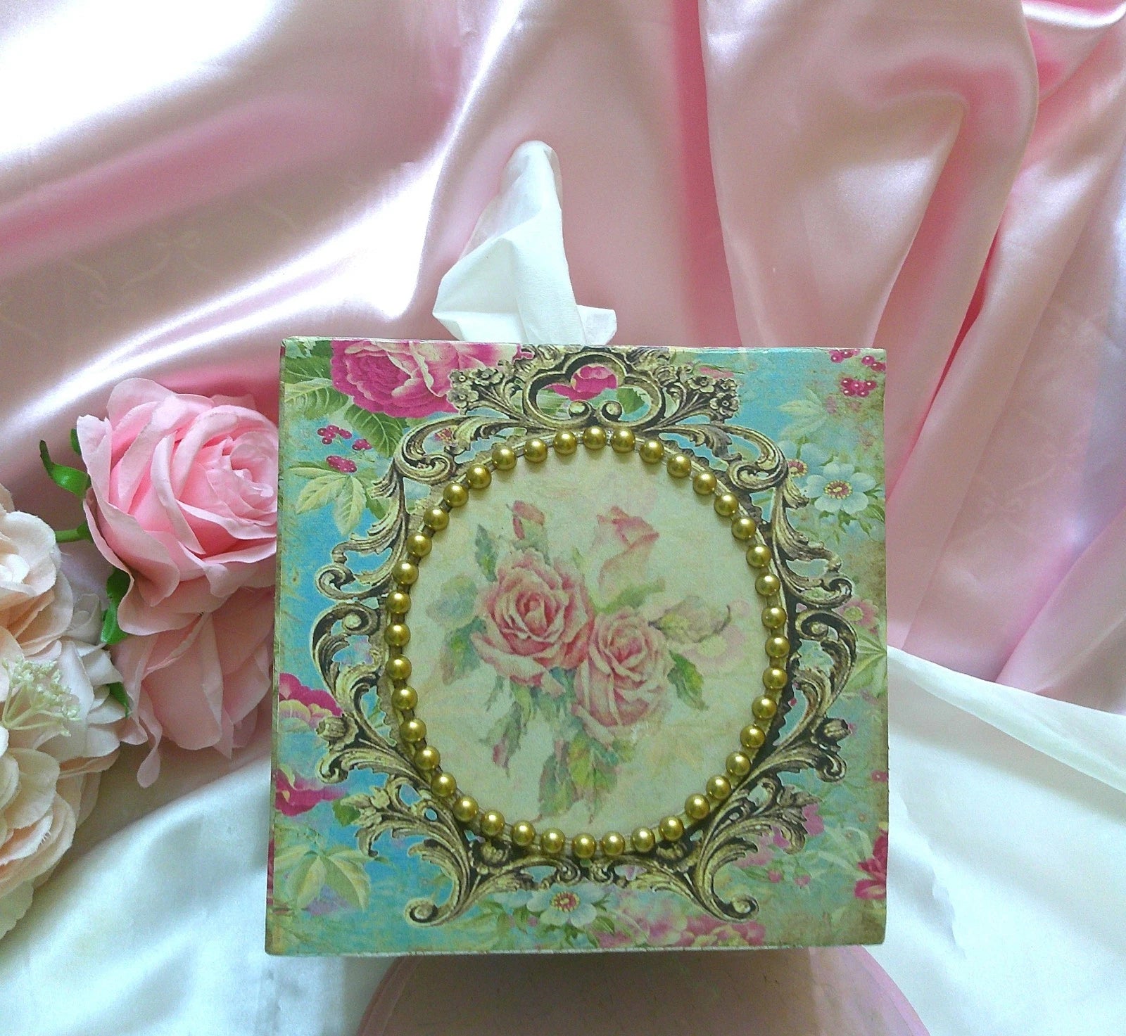 Shabby Chic Victorian Tissue Box Cover~Custom Design w/Gold Beaded Trim~Roses | eBay