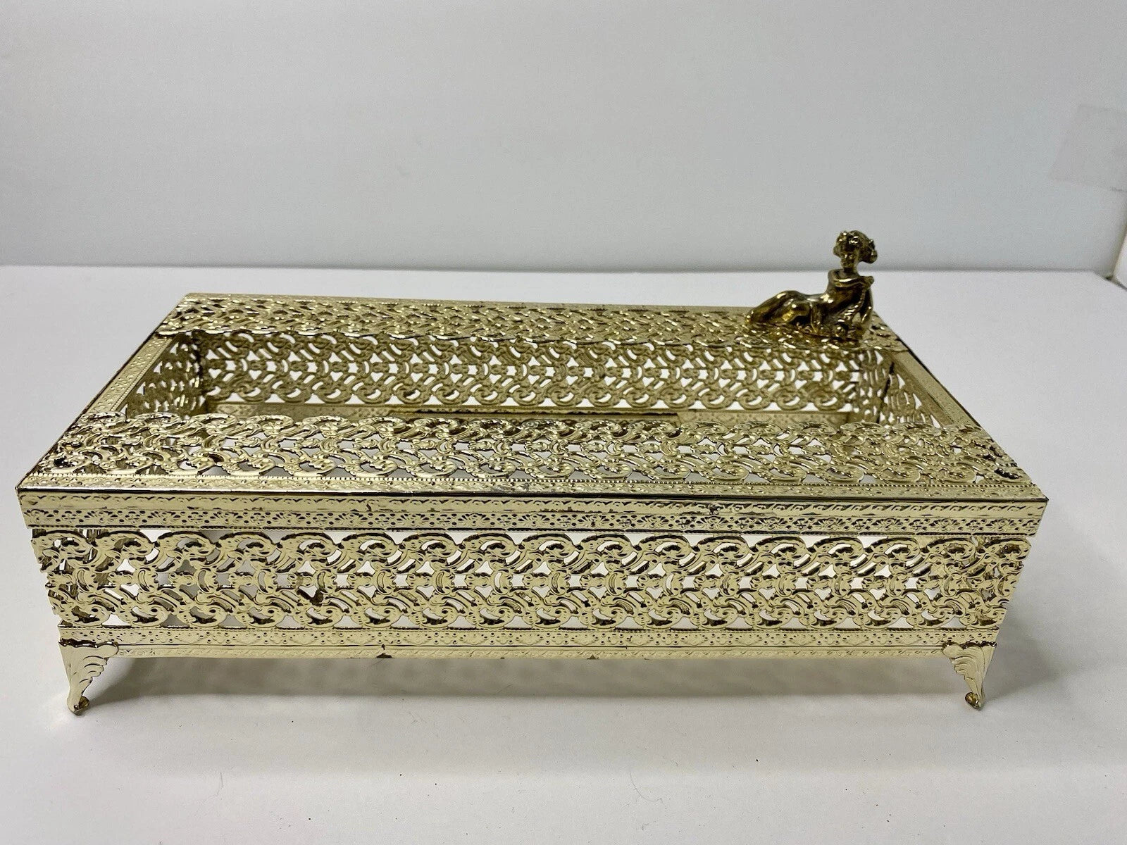 Gold Tone Filigree Metal Tissue Box Holder Cover Cherub Vintage Home Decor | eBay