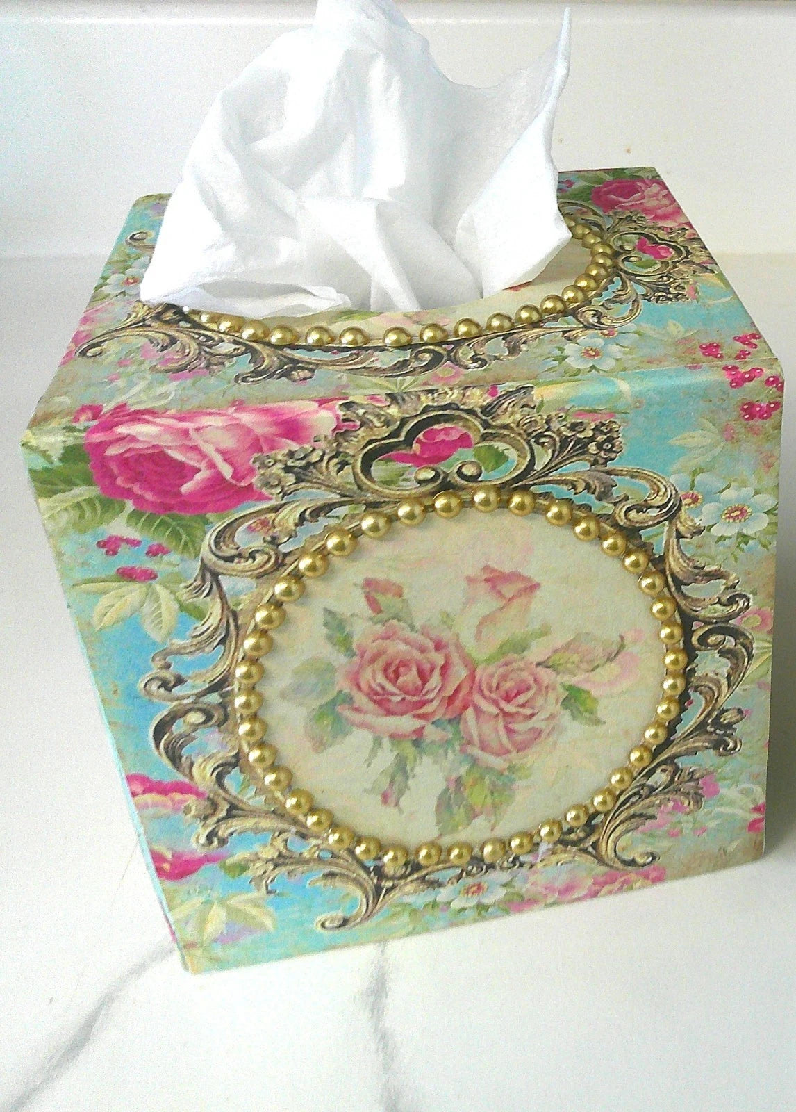 Shabby Chic Victorian Tissue Box Cover~Custom Design w/Gold Beaded Trim~Roses | eBay