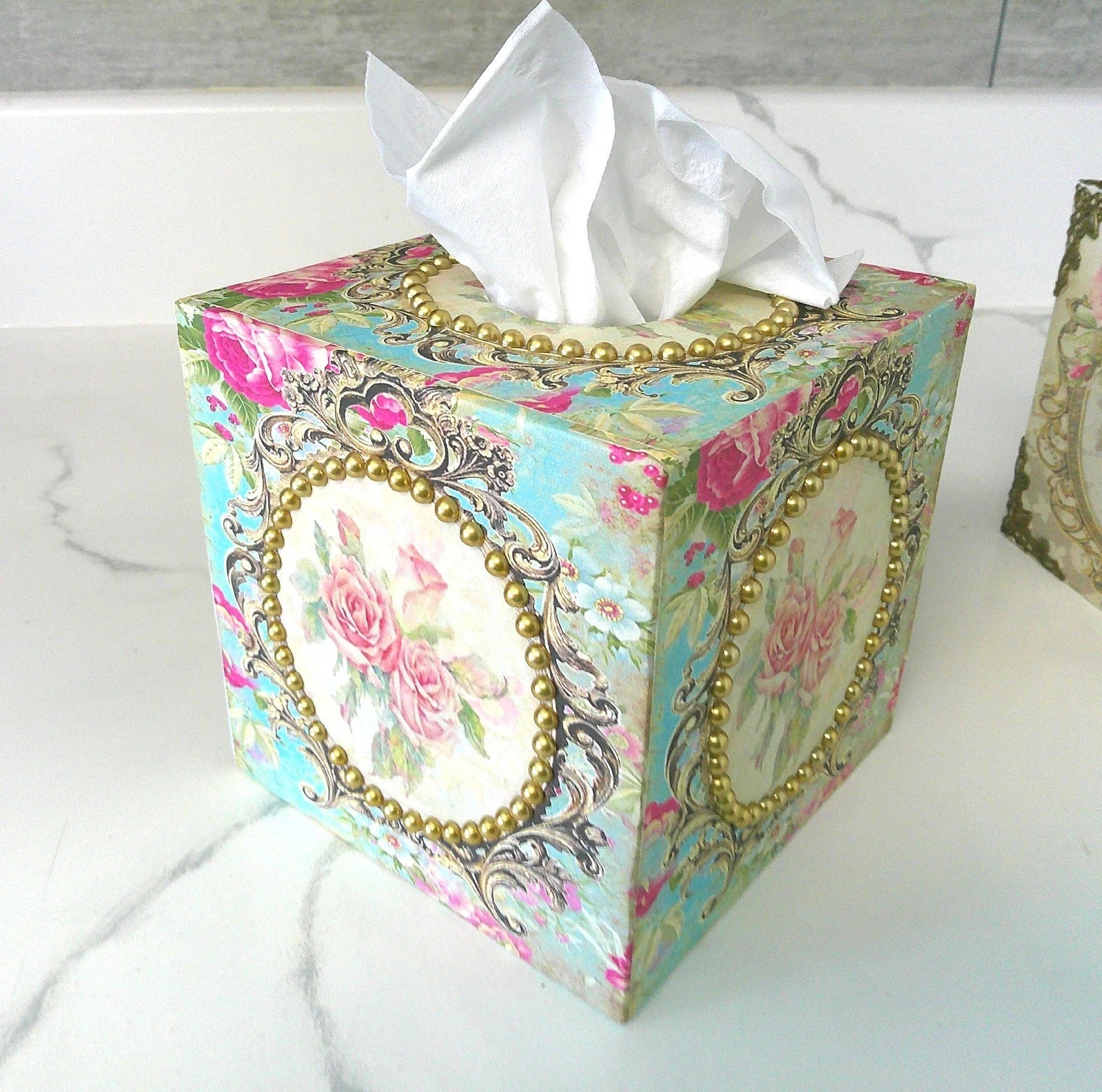 Shabby Chic Victorian Tissue Box Cover~Custom Design w/Gold Beaded Trim~Roses | eBay