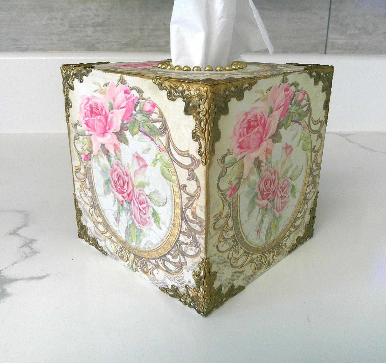 Shabby Chic Victorian Tissue Box Cover~Custom Design w/Filigree Accents~Roses | eBay