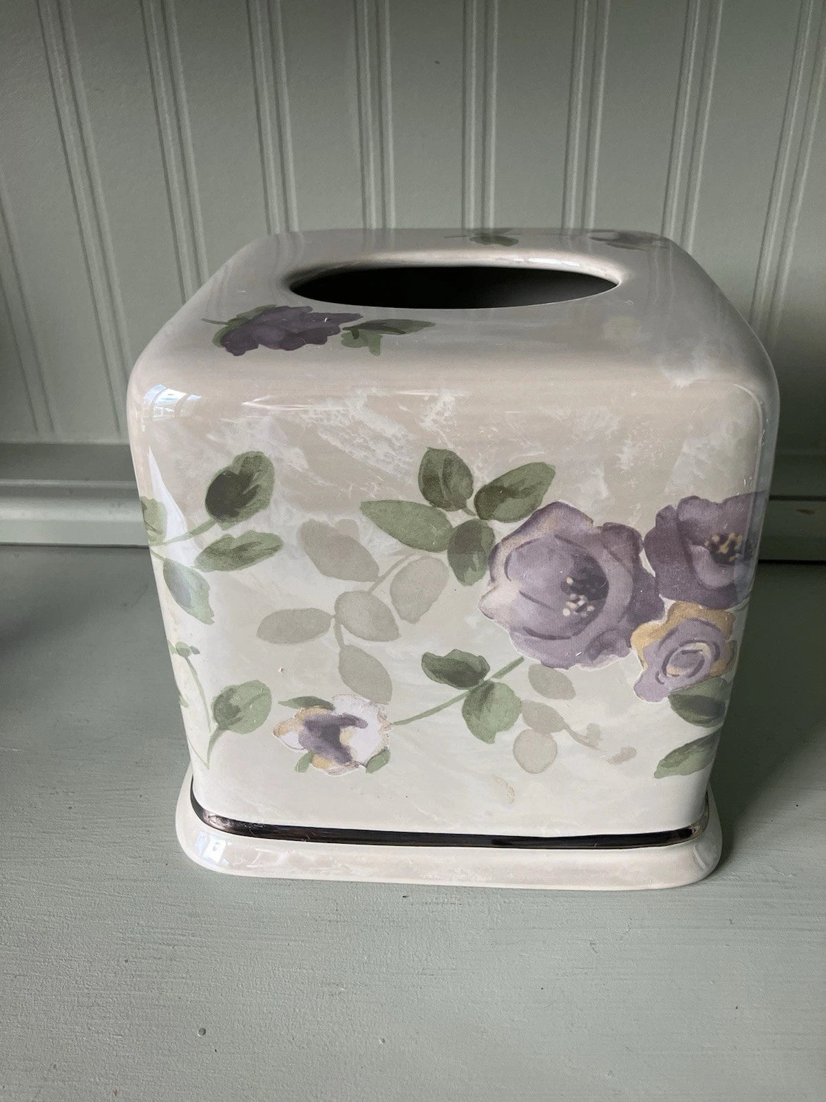 WAMSUTTA Lenox Ceramic Pearlized Taupe W/Purple Luster Roses Tissue Box Cover | eBay