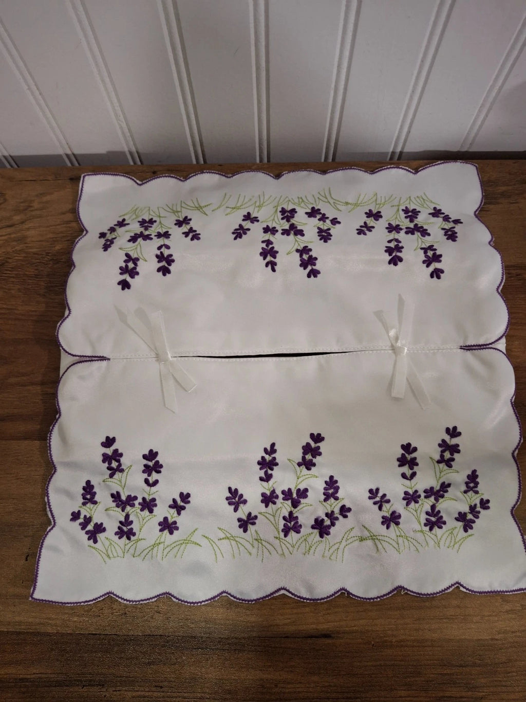 Vintage Handmade Tissue Box Cover Embroidered Purple Flowers White Satin Granny | eBay