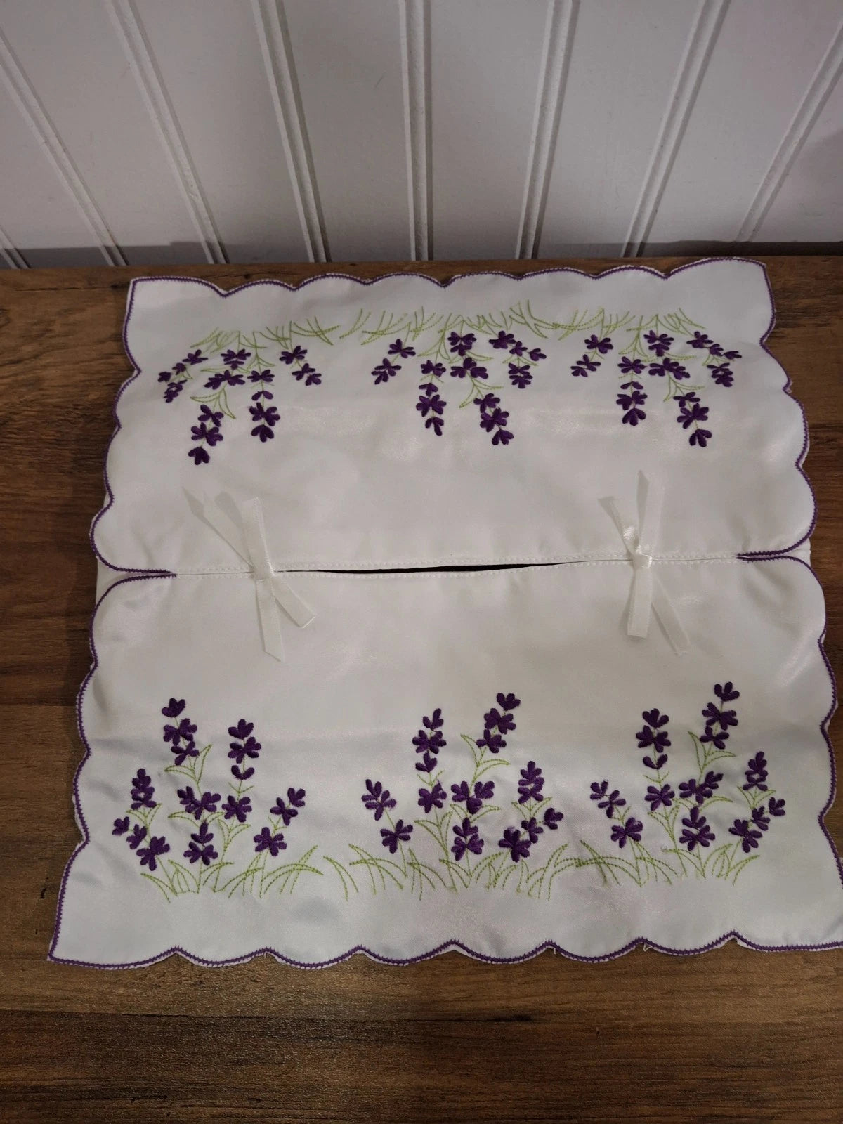 Vintage Handmade Tissue Box Cover Embroidered Purple Flowers White Satin Granny | eBay