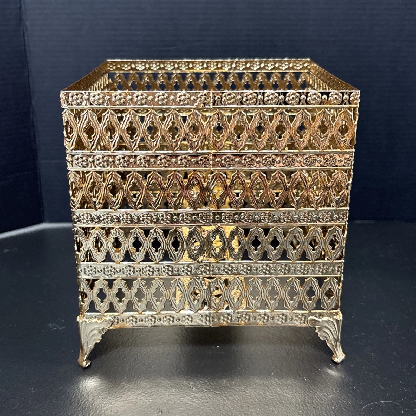 Vintage Gold Brass Filigree Tissue Box Holder Square Hollywood Regency | eBay