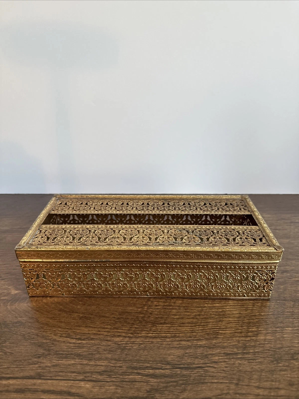 Vintage Ornate Hollywood Regency Floral Filigree Tissue Box MCM Metal Gold Retro | eBay