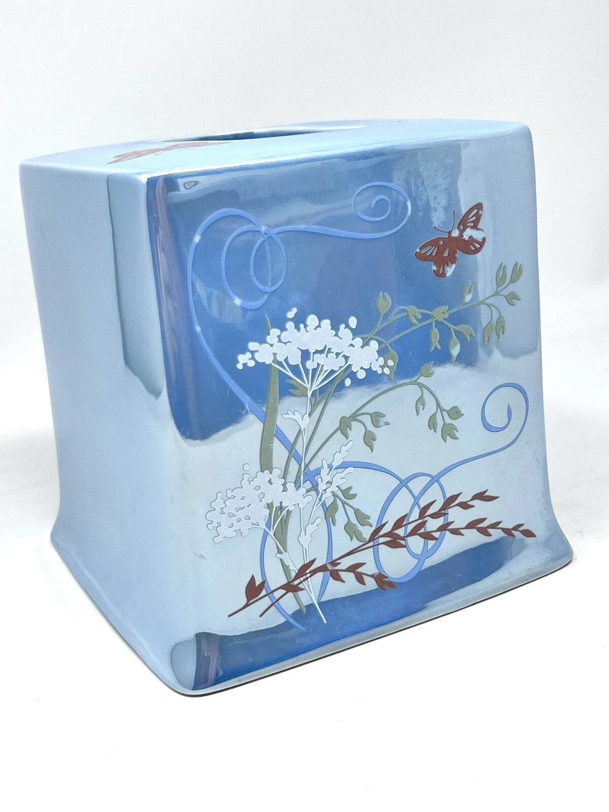 Avon Expressions Ceramic Square Tissue Box Cover Holder Blue Floral Butterfly | eBay