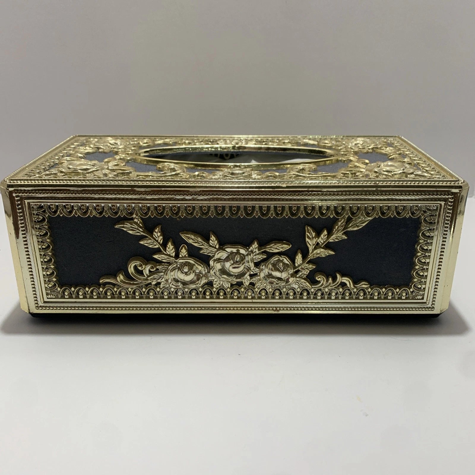 Antique Style Hollywood Regency Tissue Box Cover Black Velvet+Gold Baroque | eBay