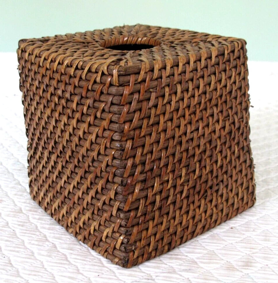 Vintage Boho Woven Wicker Rattan Tissue Box Cover Holder Cube Square Brown | eBay