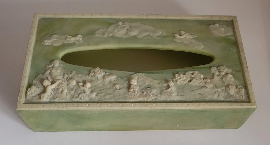 Vintage Tissue Box Cover Green With White Raised Details Incolay Stone Cherubs | eBay