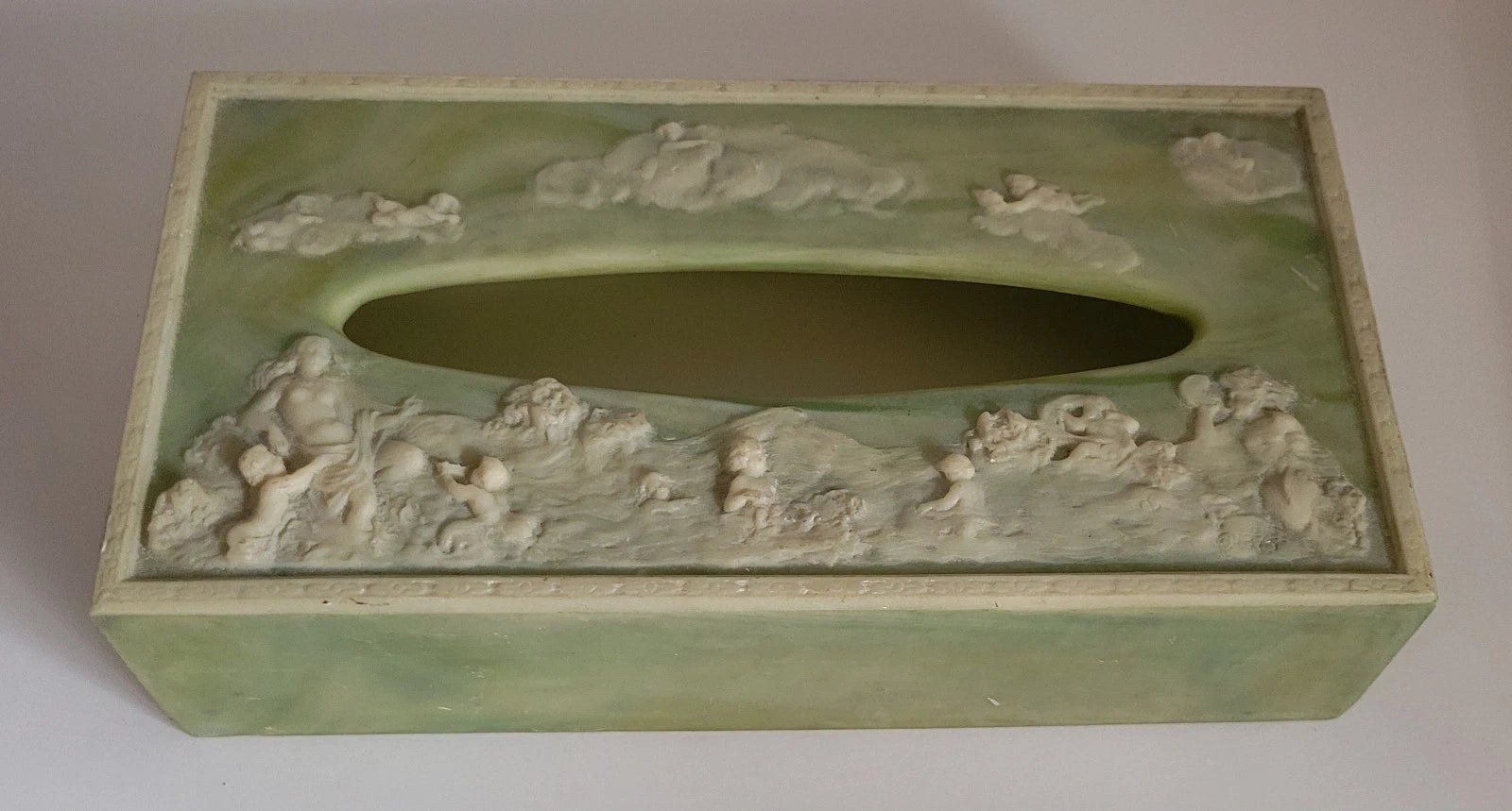 Vintage Tissue Box Cover Green With White Raised Details Incolay Stone Cherubs | eBay