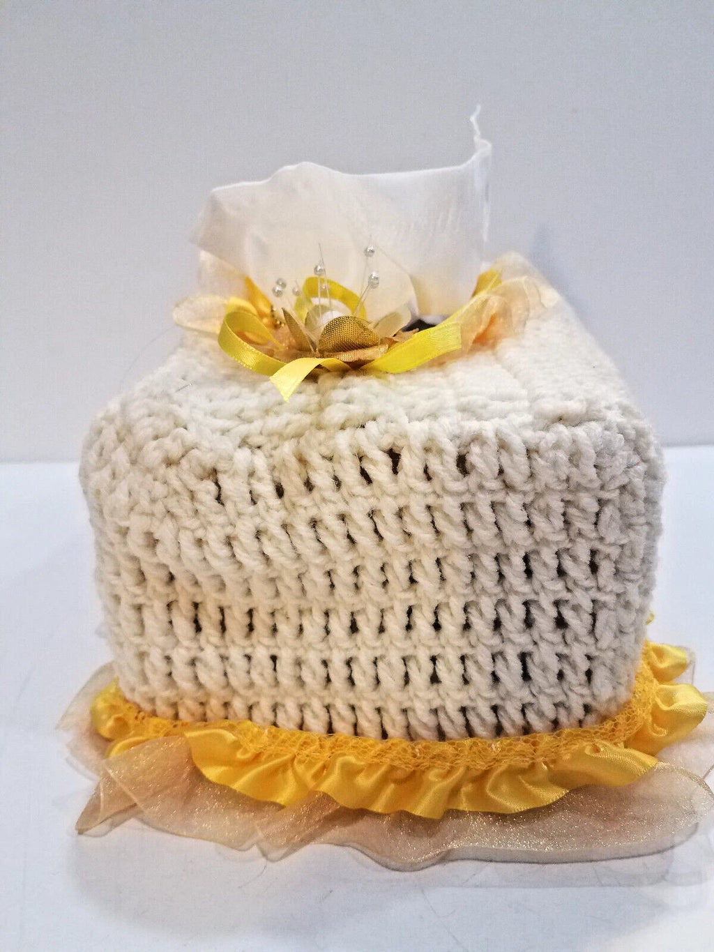 Rectangular Tissue Box Cover Cream & Yellow Crochet with Ribbons Lace & Beads | eBay