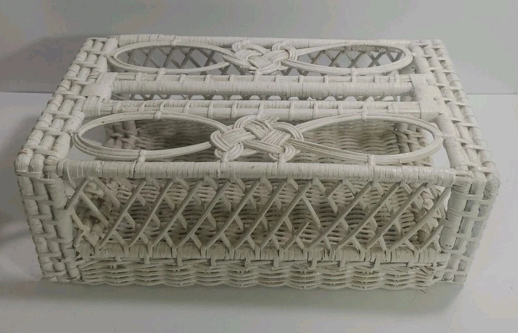 Vintage White Wicker Rattan Tissue Box Holder Cover Shabby Chic Cottage 10x5.5 | eBay