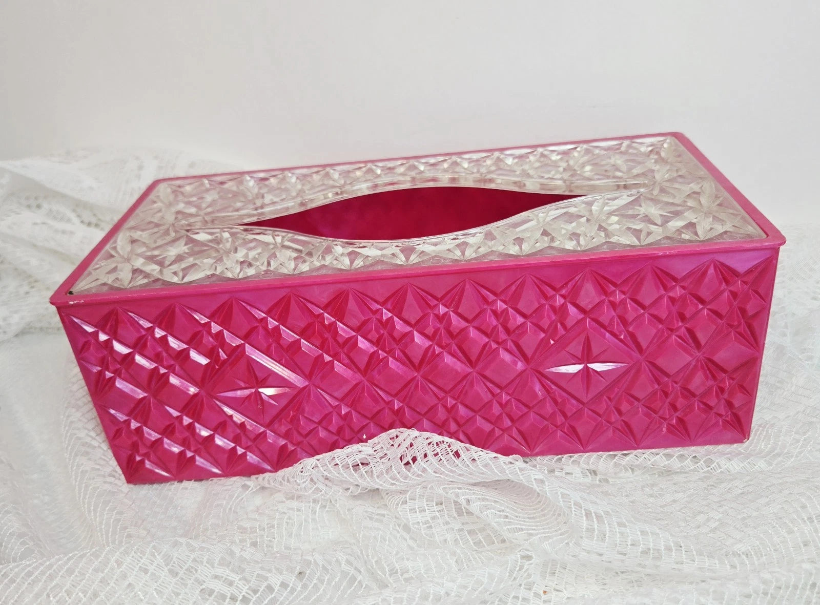 Vintage Acrylic Hot Pink Diamond Cut Rectangular Tissue Box Holder MCM With Lid | eBay