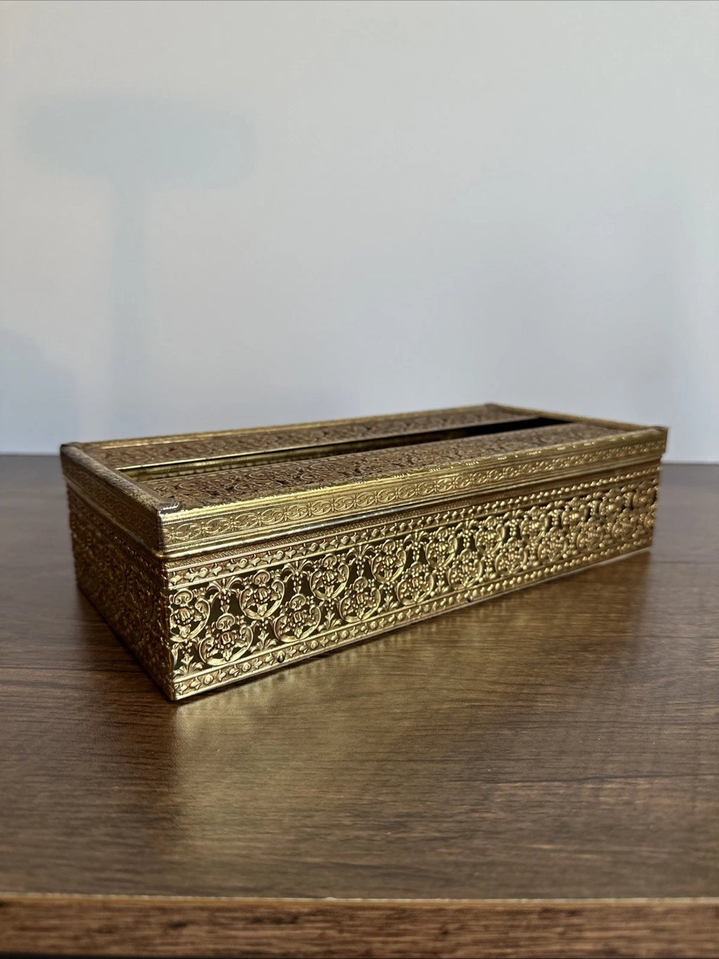 Vintage Ornate Hollywood Regency Floral Filigree Tissue Box MCM Metal Gold Retro | eBay