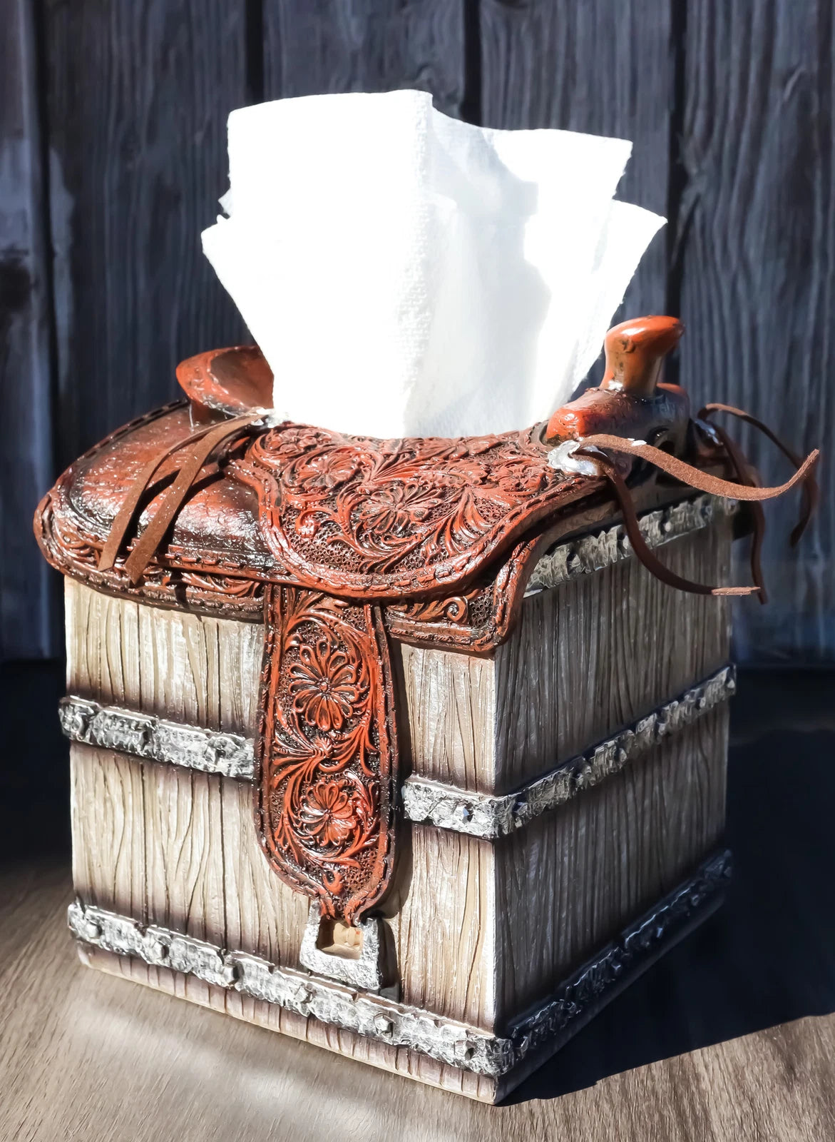 Rustic Western Faux Leather Cowboy Horse Saddle On Crate Tissue Box Holder Cover | eBay