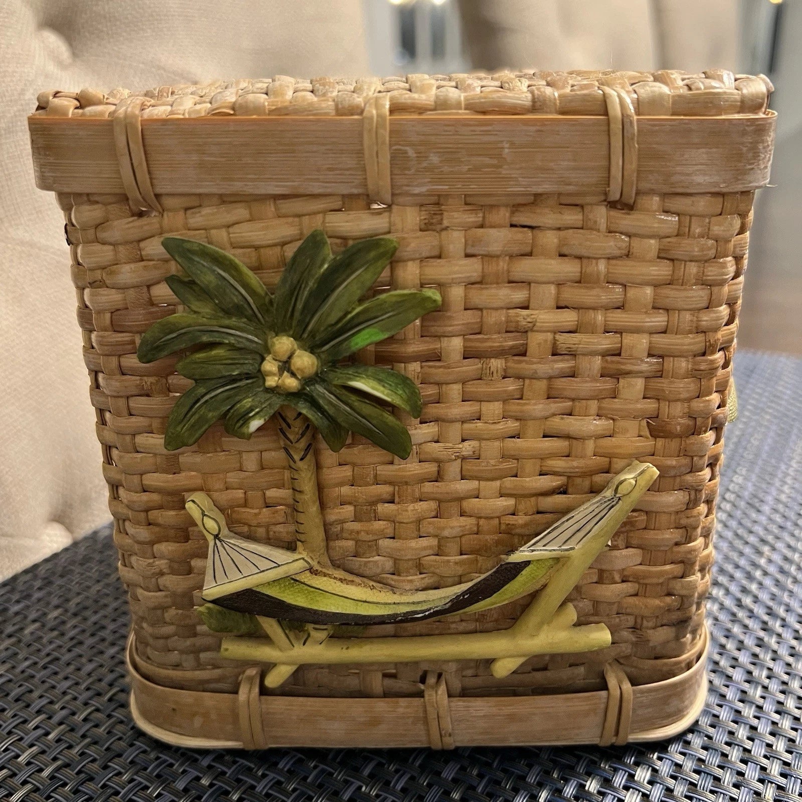 Vintage Wicker Tissue Box Cover Palm Tree Hammock Rattan Beach Boho | eBay
