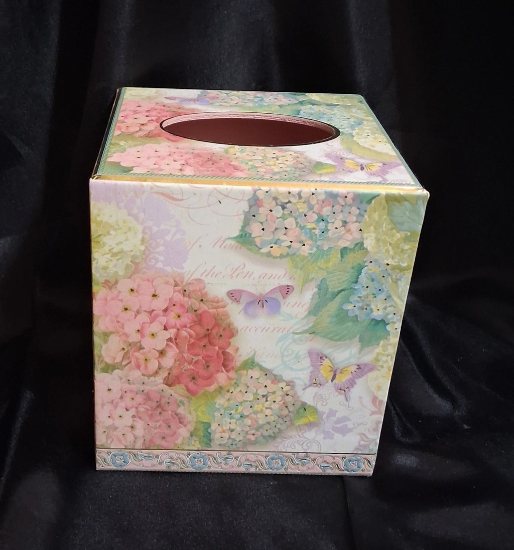 Tissue Box Cover Square Hard Cardboard With Butterflies And Hydrangea EC | eBay