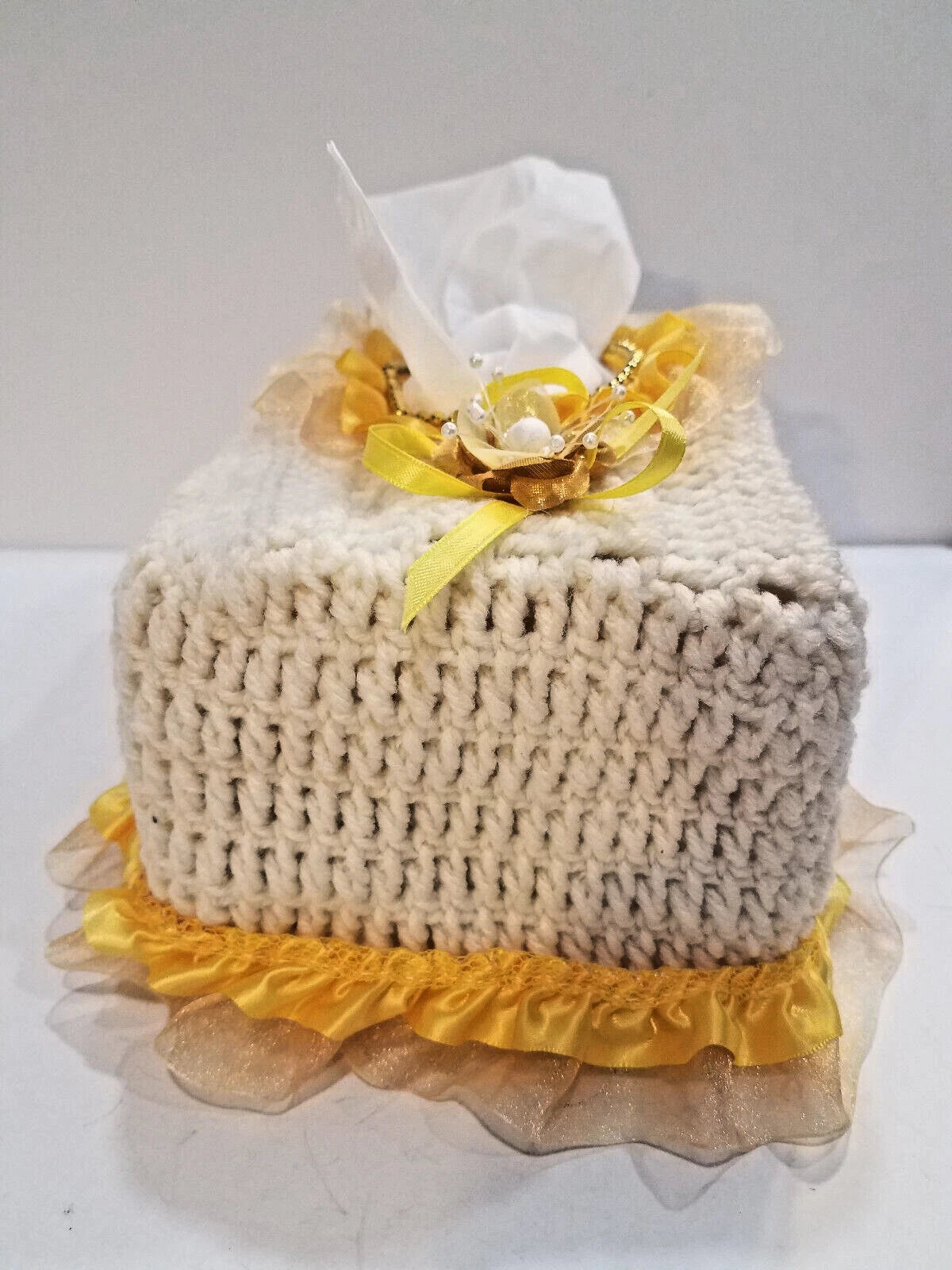 Rectangular Tissue Box Cover Cream & Yellow Crochet with Ribbons Lace & Beads | eBay