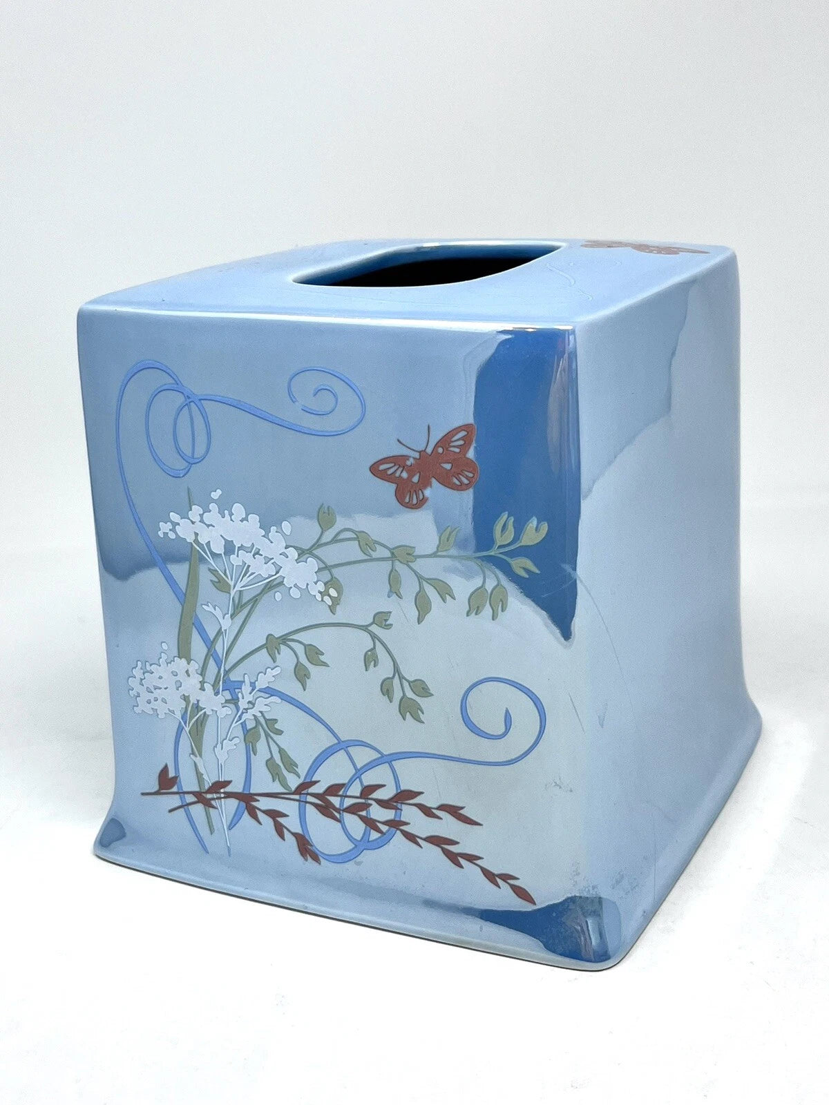 Avon Expressions Ceramic Square Tissue Box Cover Holder Blue Floral Butterfly | eBay