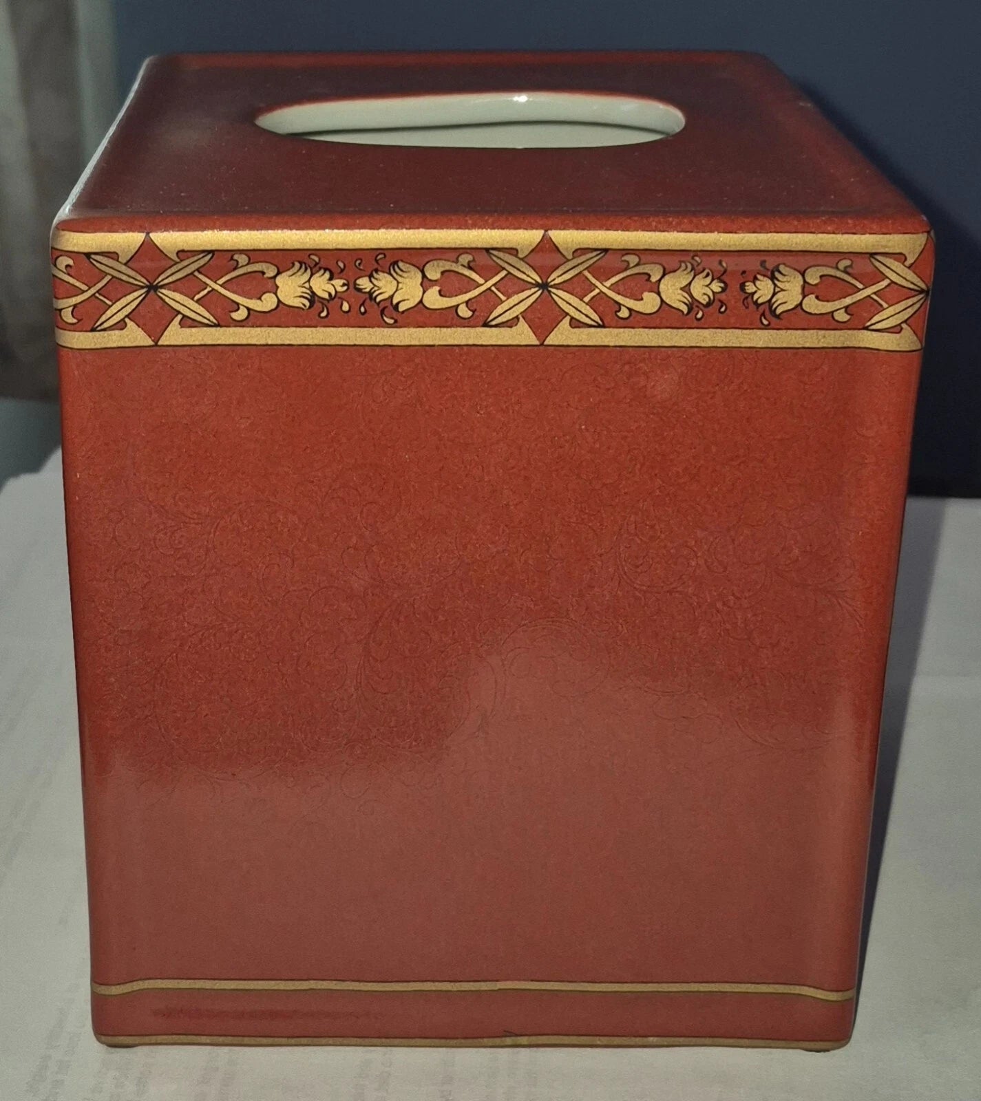 Square Rust Red w/Gold Scroll Border Ceramic Tissue Box Cover Holder NWT | eBay