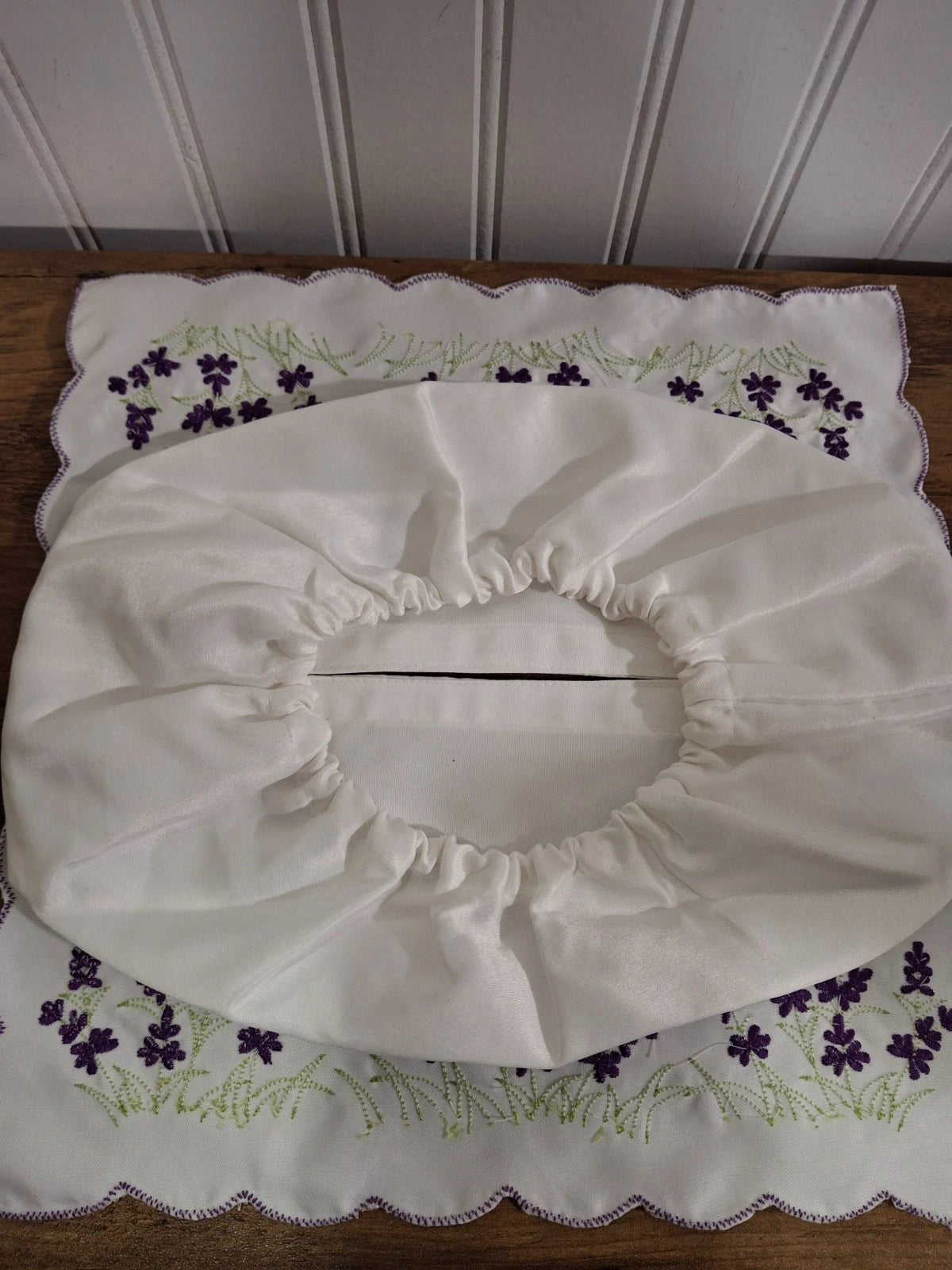 Vintage Handmade Tissue Box Cover Embroidered Purple Flowers White Satin Granny | eBay
