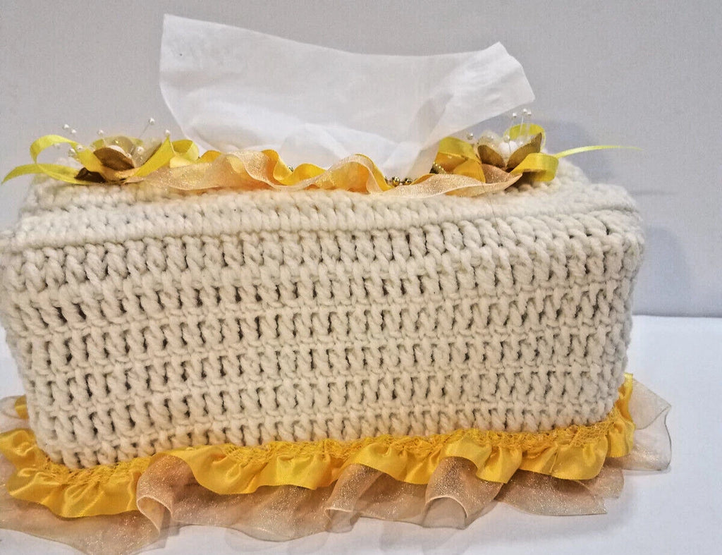 Rectangular Tissue Box Cover Cream & Yellow Crochet with Ribbons Lace & Beads | eBay