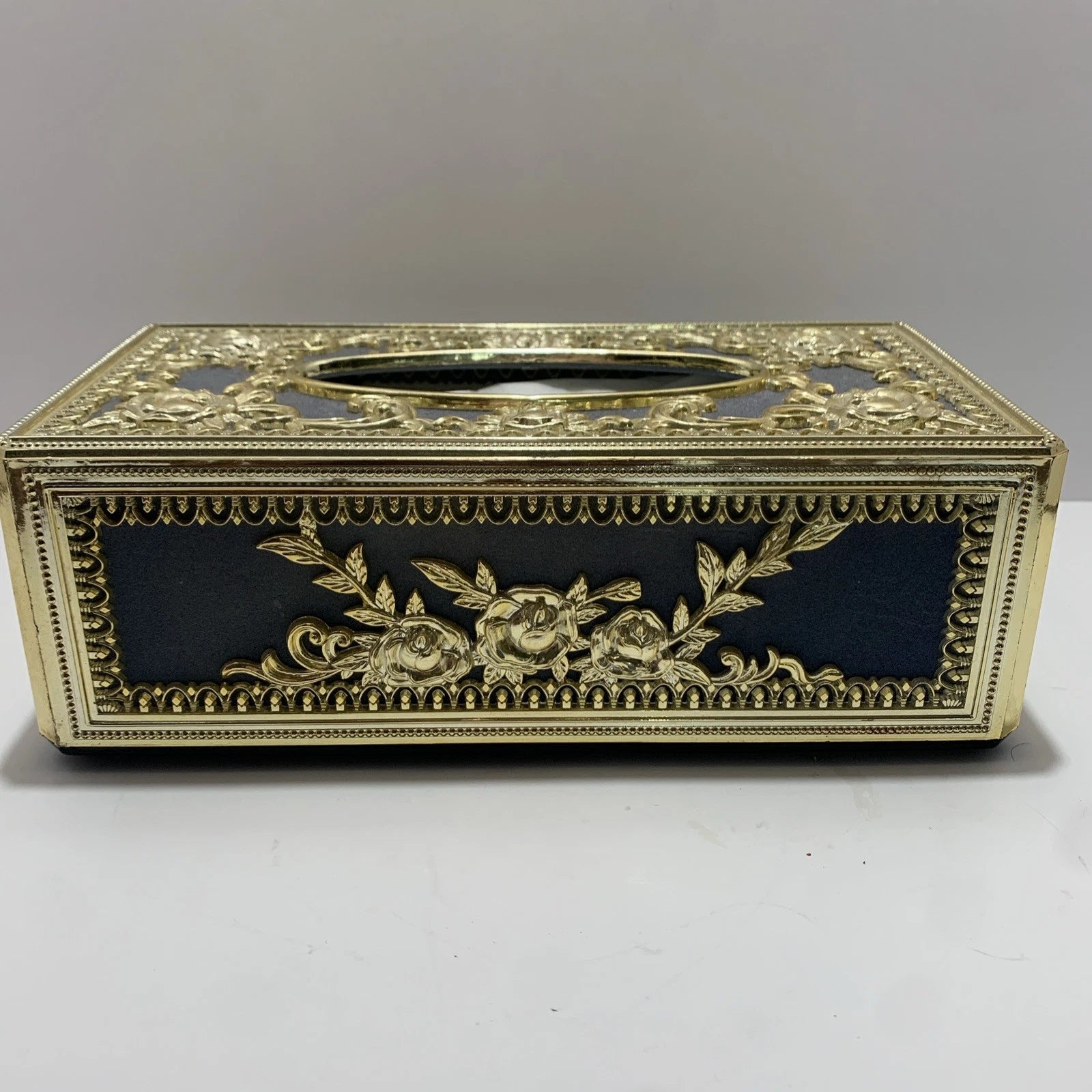Antique Style Hollywood Regency Tissue Box Cover Black Velvet+Gold Baroque | eBay
