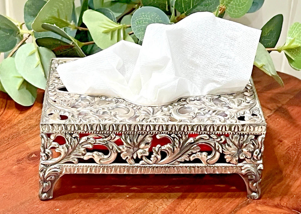 VTG Small Footed Pocket Tissue Holder Box Ornate Silver Tone Hollywood Regency | eBay