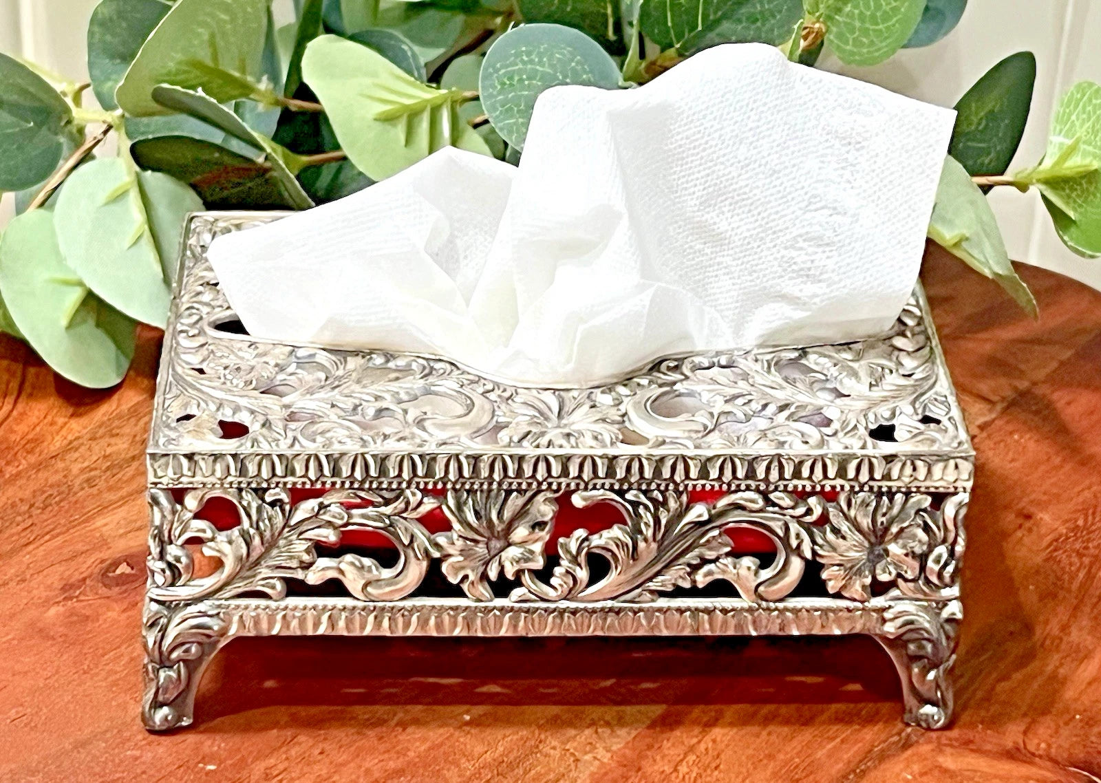 VTG Small Footed Pocket Tissue Holder Box Ornate Silver Tone Hollywood Regency | eBay
