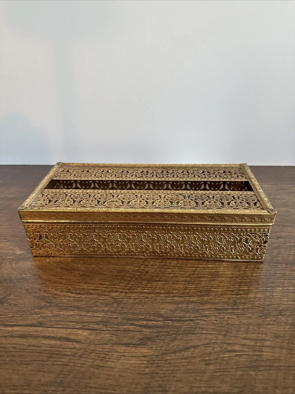Vintage Ornate Hollywood Regency Floral Filigree Tissue Box MCM Metal Gold Retro | eBay