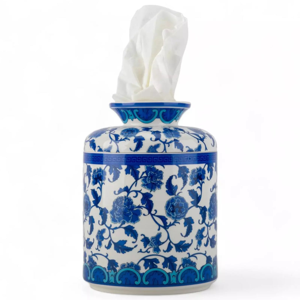 Blue & White Round Tissue Box Cover 7" Porcelain Tissue Holder Blue Floral | eBay