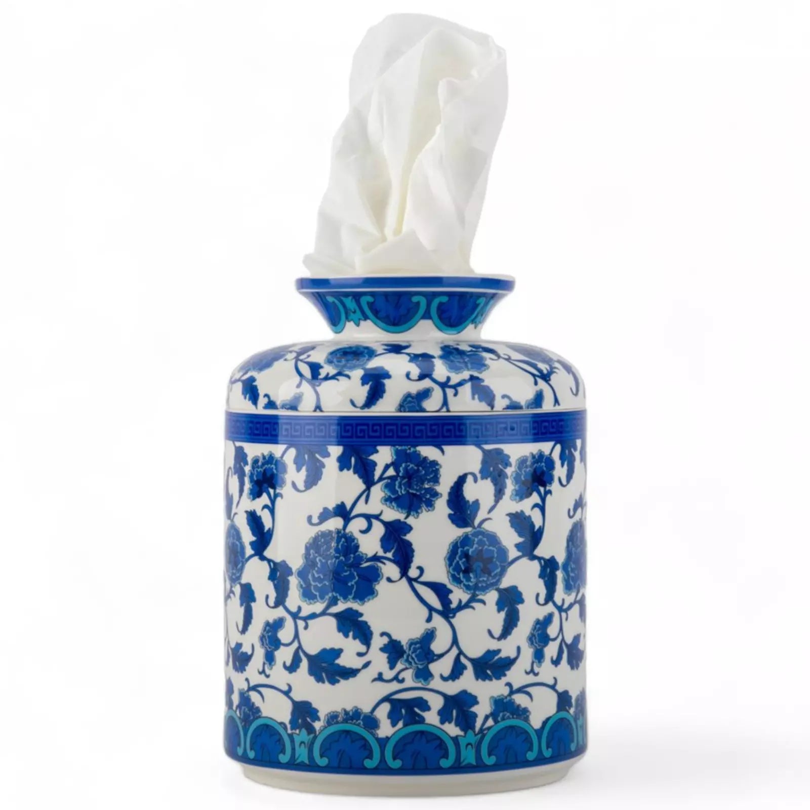 Blue & White Round Tissue Box Cover 7" Porcelain Tissue Holder Blue Floral | eBay
